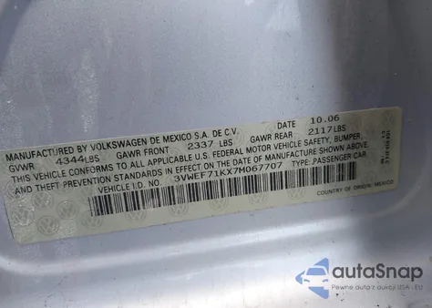 2007 Volkswagen Jetta Wolfsburg Edition from USA, damaged, VIN 3VWEF71KX7M067707